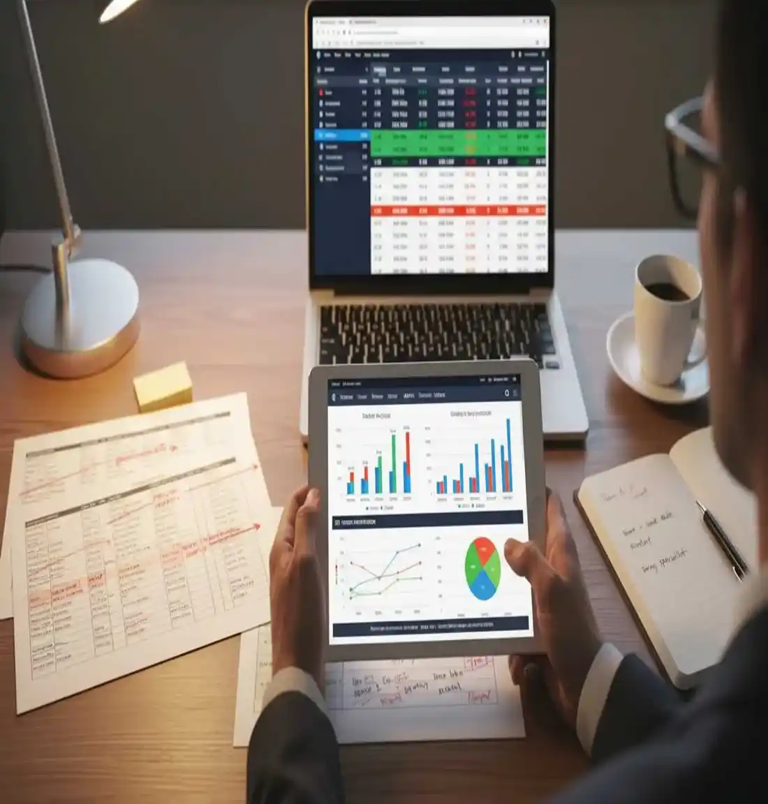 Professional analyst workspace with tablet showing cricket statistics and betting market data