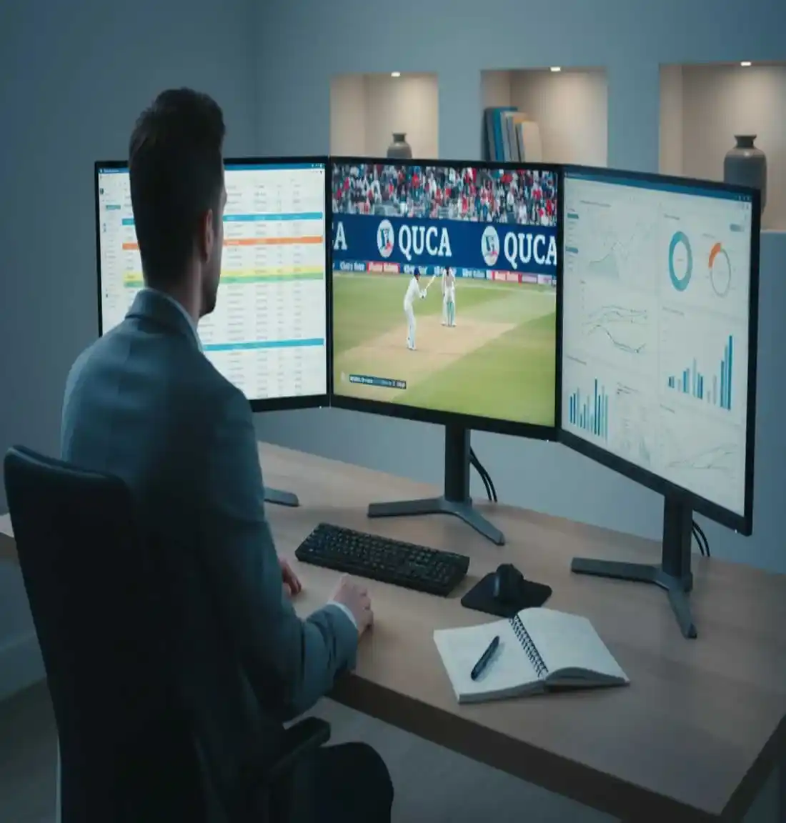 Sports analyst reviewing cricket match footage and statistics on multiple screens in professional workspace
