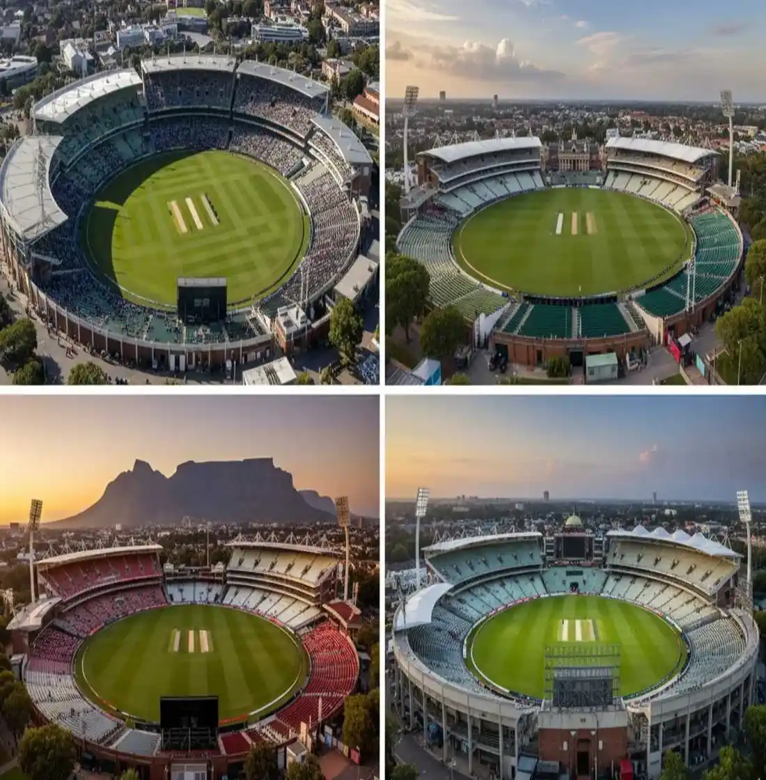 Aerial comparison of four iconic Ashes cricket venues showing distinct ground characteristics