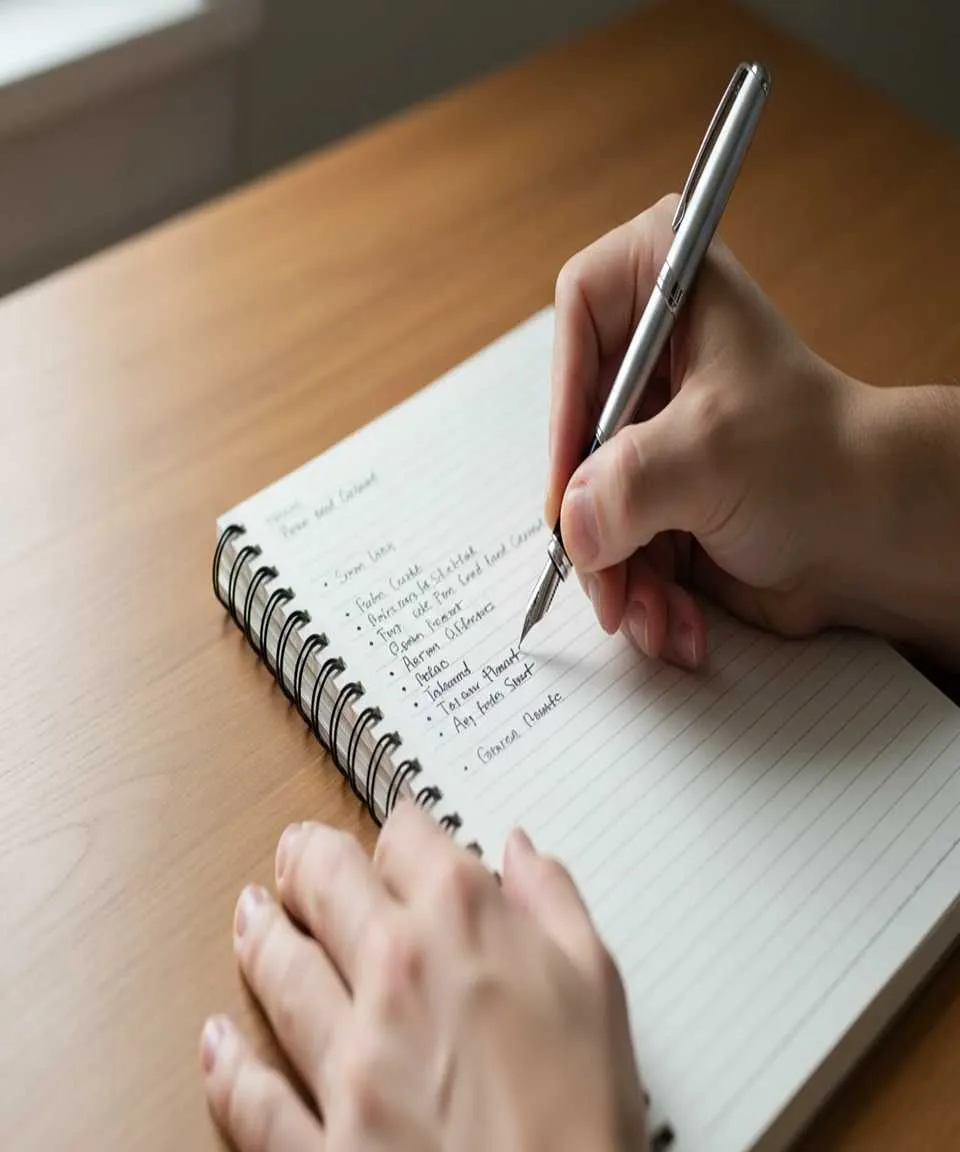 Person writing a structured betting strategy framework in a notebook with professional pen