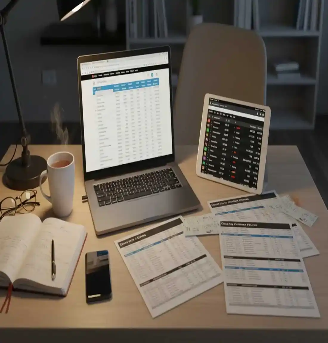 Sports researcher workspace with laptop showing cricket statistics tablet with scores and analysis notes