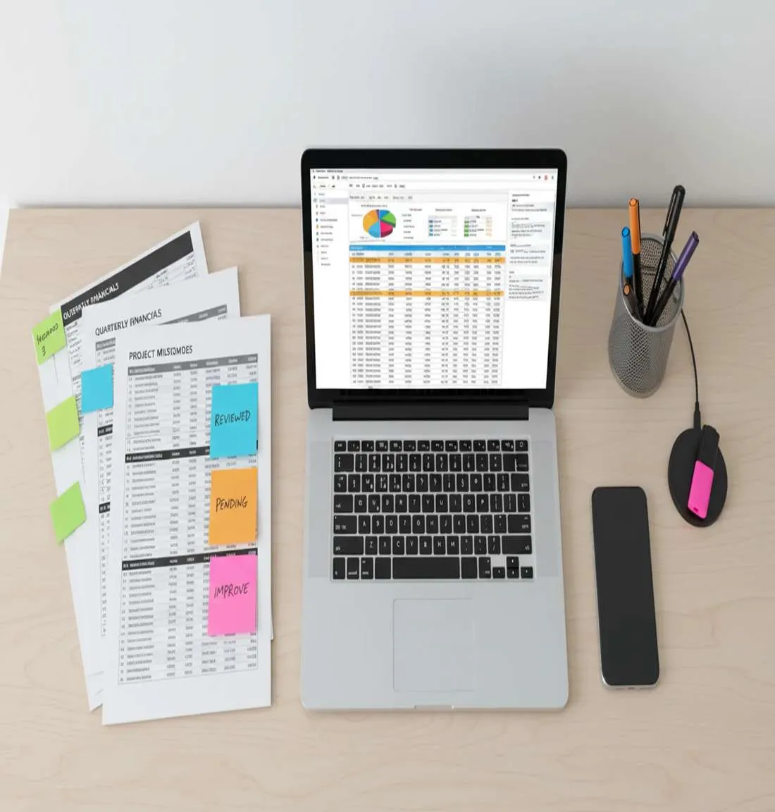 Organized desk with laptop spreadsheet and documents for betting performance review