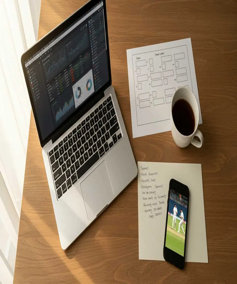Cricket betting research workspace with laptop showing statistics and analysis notes on desk