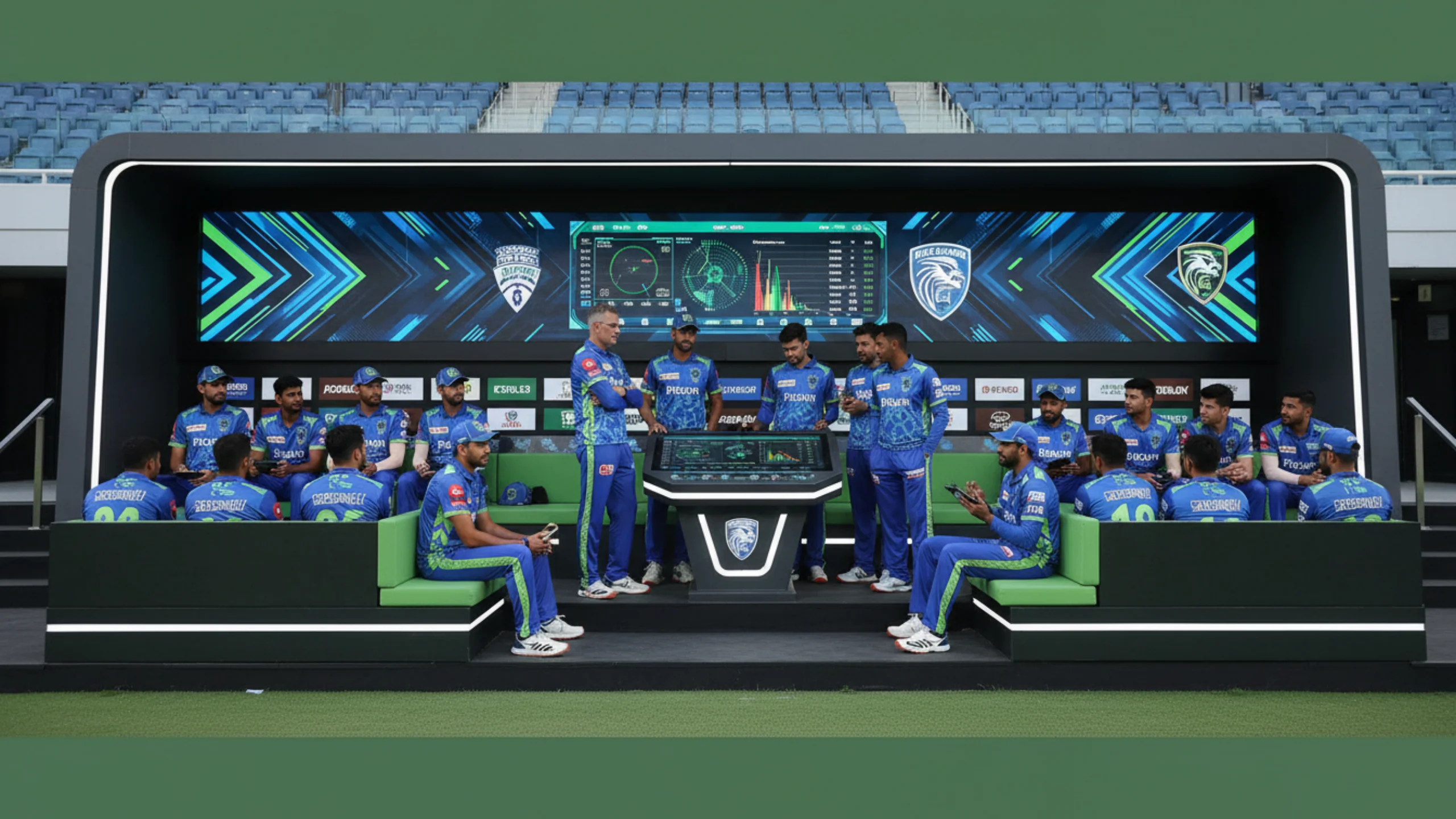 Modern cricket franchise team dugout with coaching setup and players in colorful uniforms