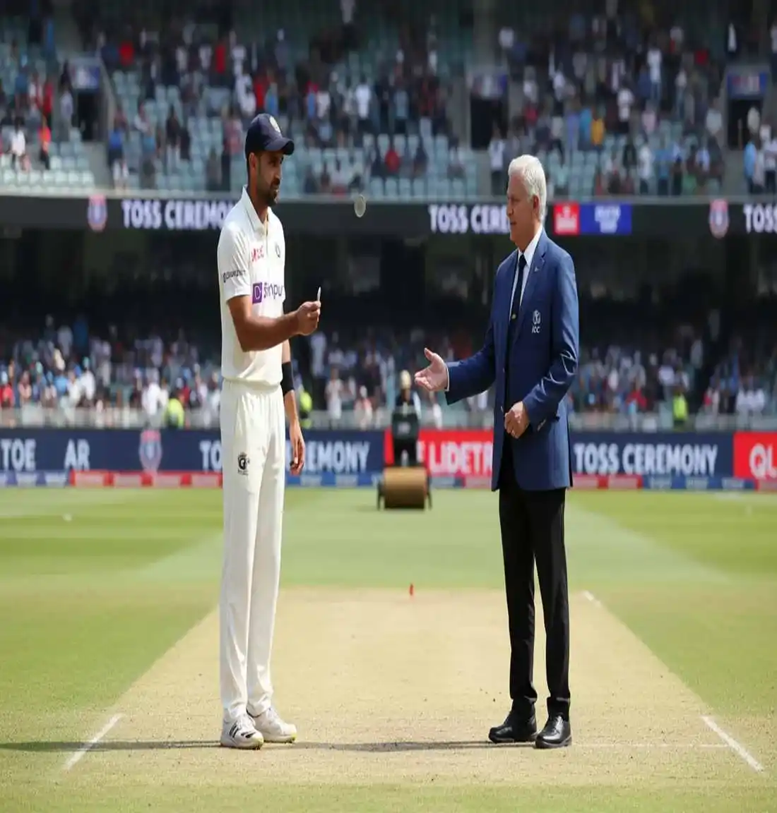 Cricket captains at toss ceremony with coin flip at international venue