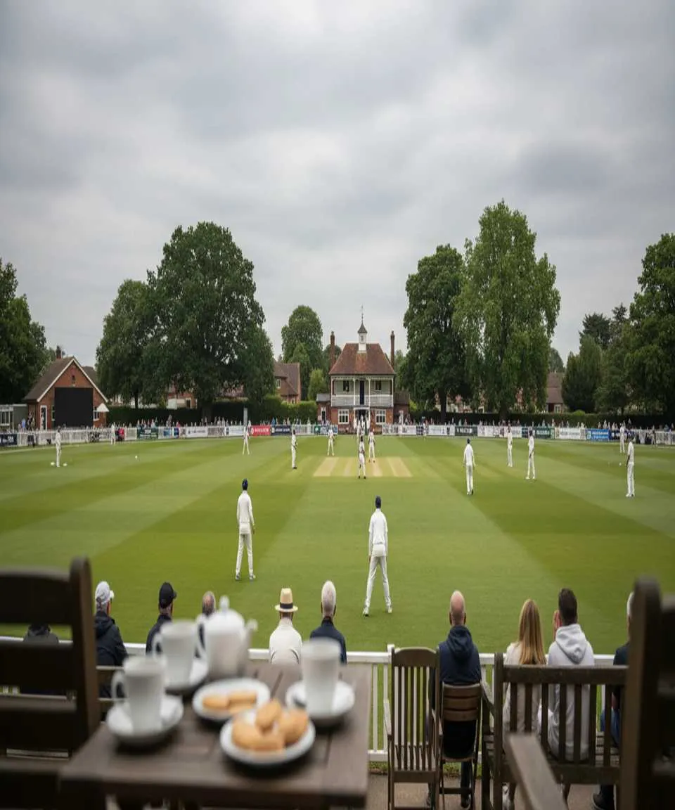 English county cricket match with spectators watching from the stands on a summer afternoon