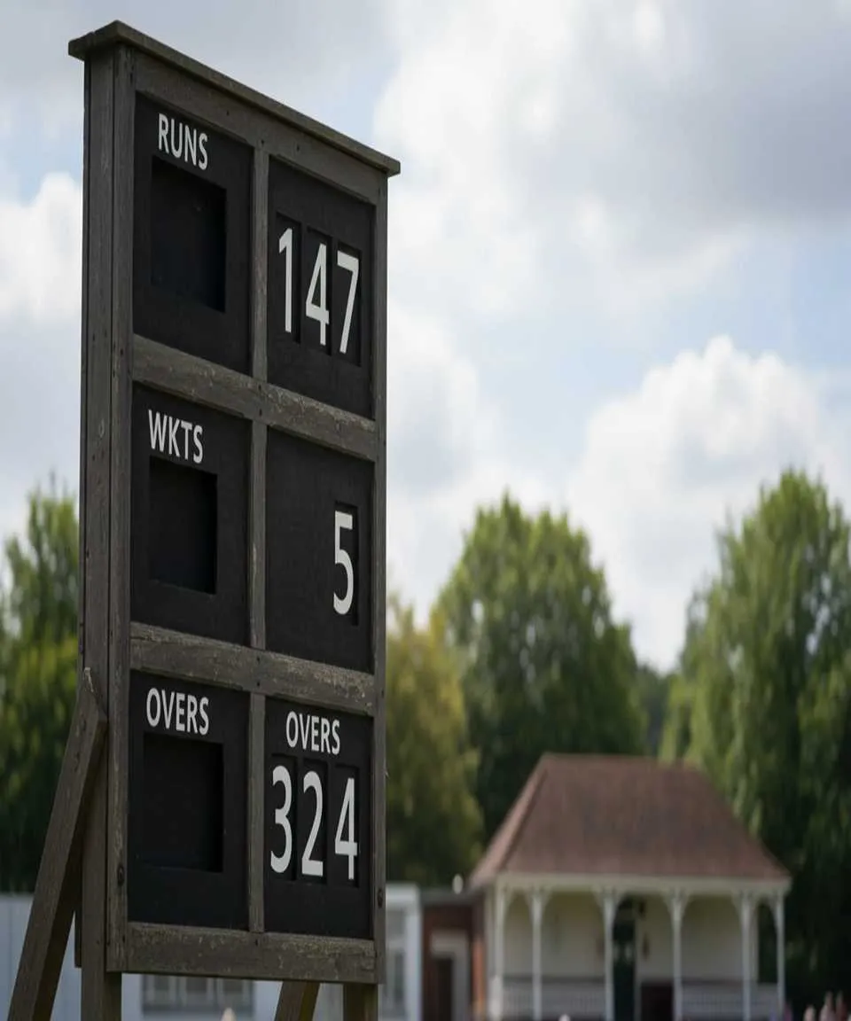 Traditional English cricket scoreboard displaying match statistics at a county ground