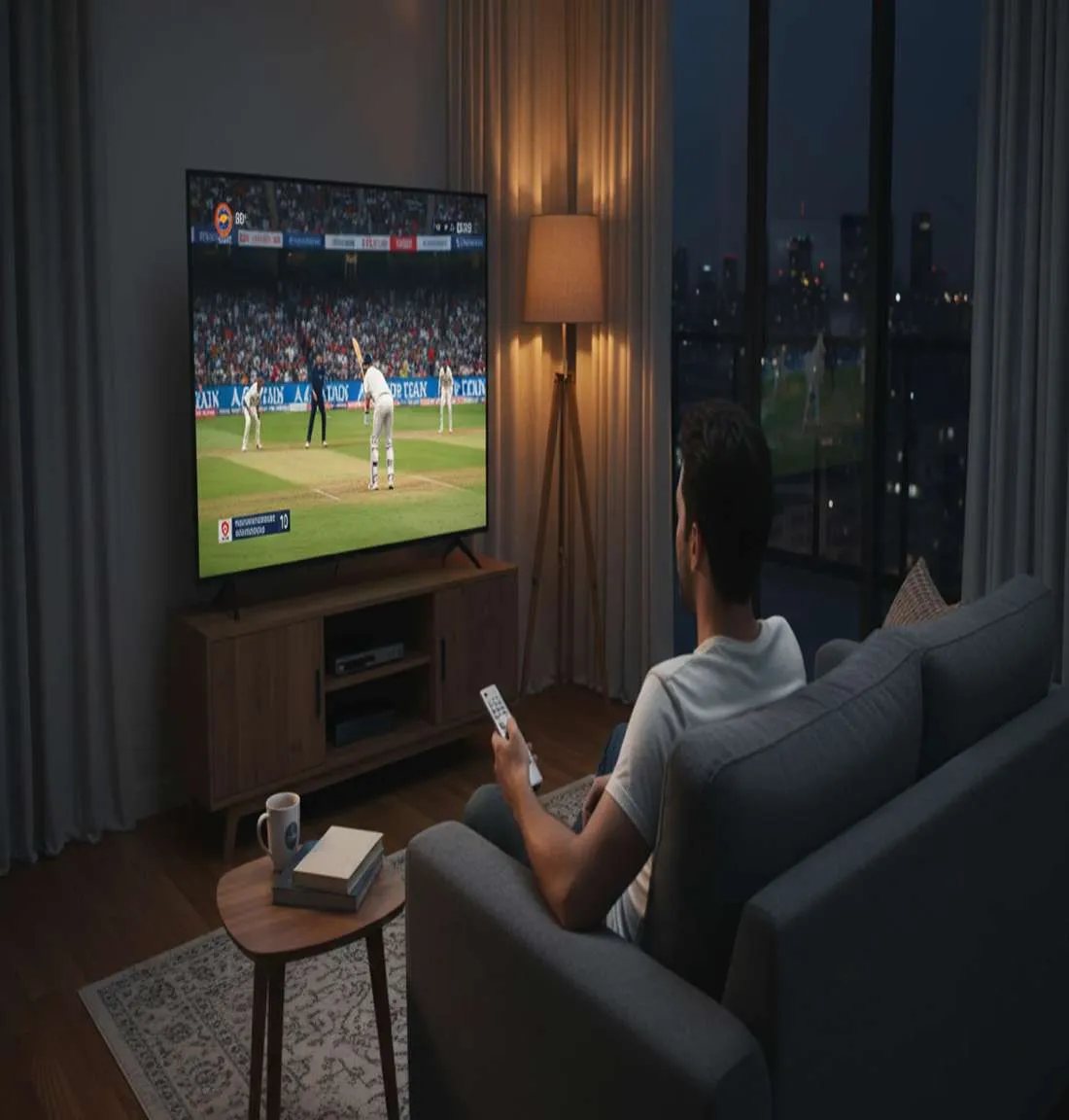 Person watching live cricket match on television in comfortable living room setting