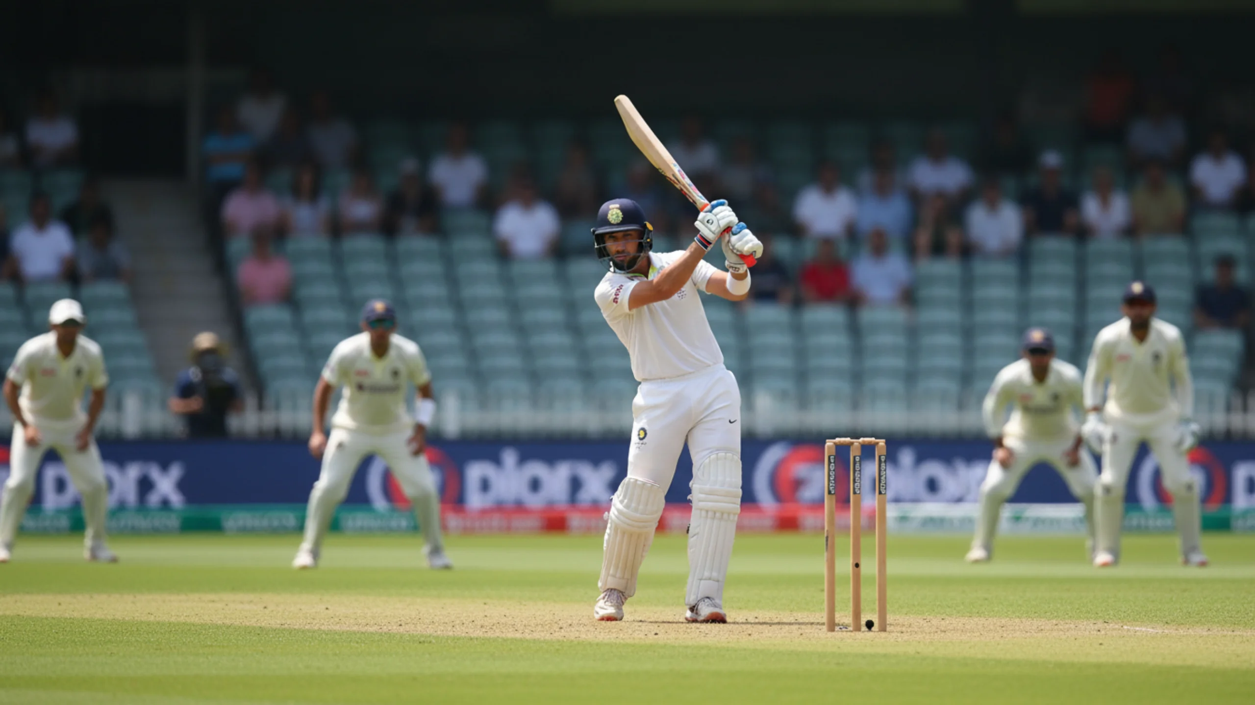 Cricket batsman taking stance during ODI match with stadium crowd in background