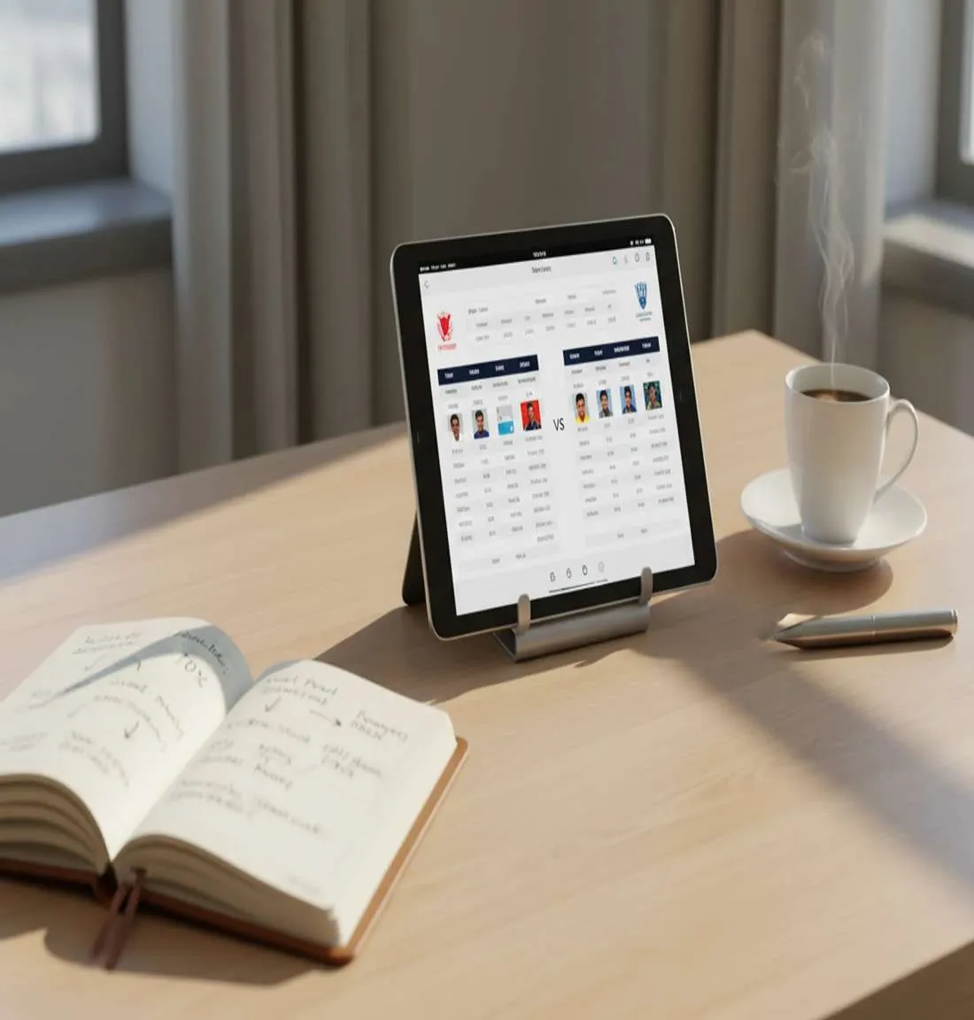 Tablet displaying cricket statistics with notepad and coffee for pre-match research