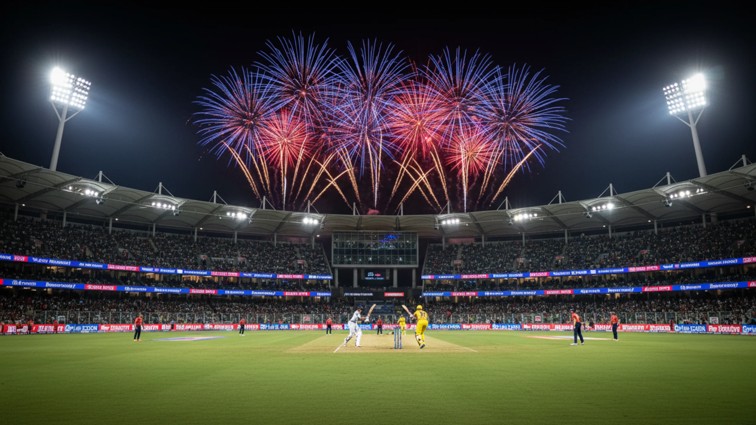 Illuminated T20 cricket stadium at night with floodlights and vibrant atmosphere
