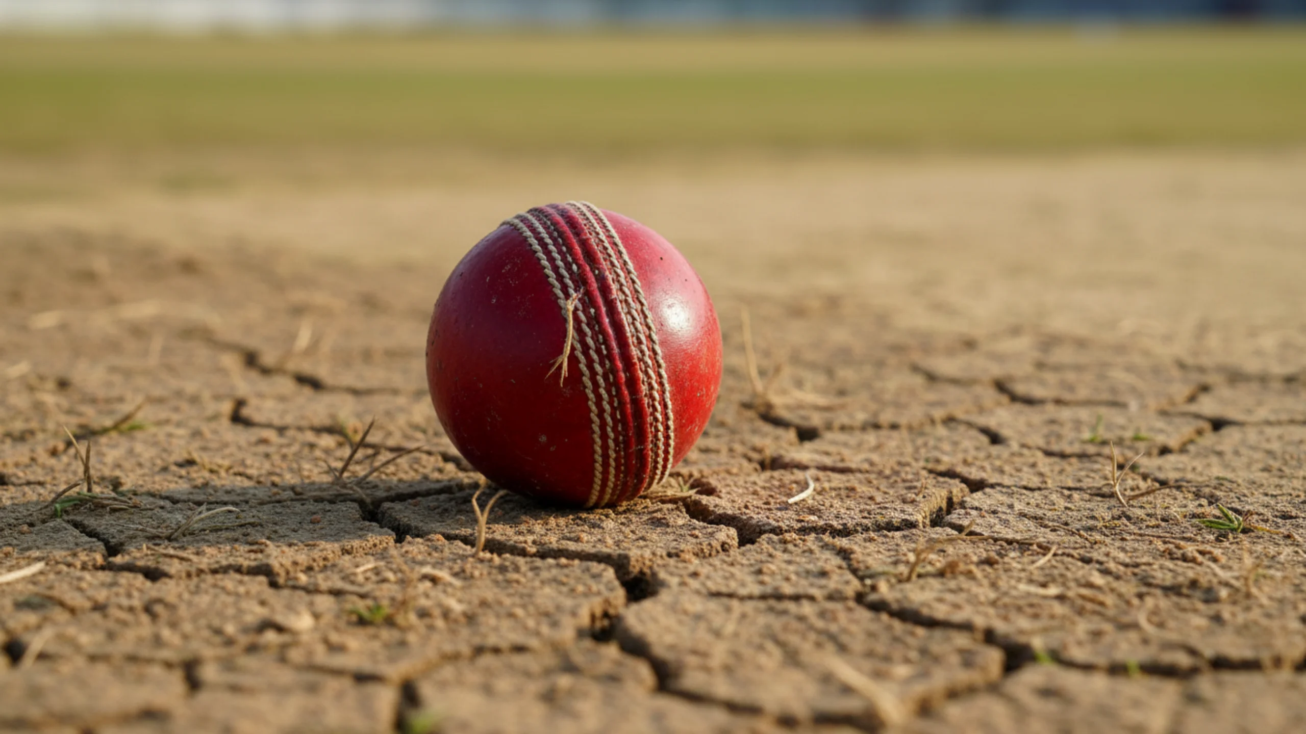 Red cricket ball on weathered Test match pitch showing five days of play wear